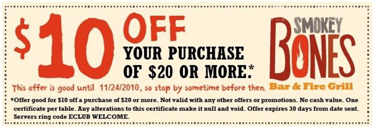 Smokey bones coupon How to use a Smokey Bones coupon Smokey Bones has a section of their website just for current menu specials. They also have a rewards program called the Bones Club. Members receive a free offer for joining, and continue to receive coupons and promotions via email%(70).